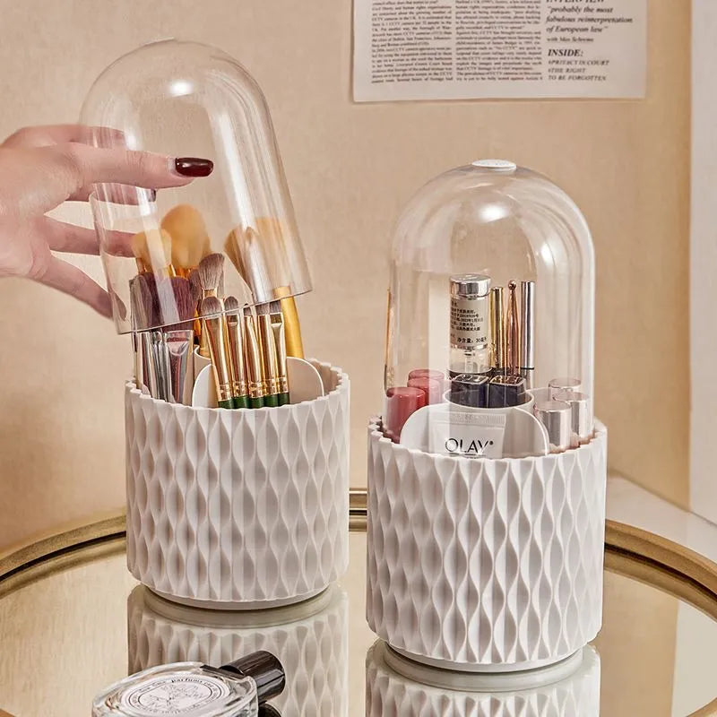 White transparent rotating makeup brush storage box with lid and split compartments
