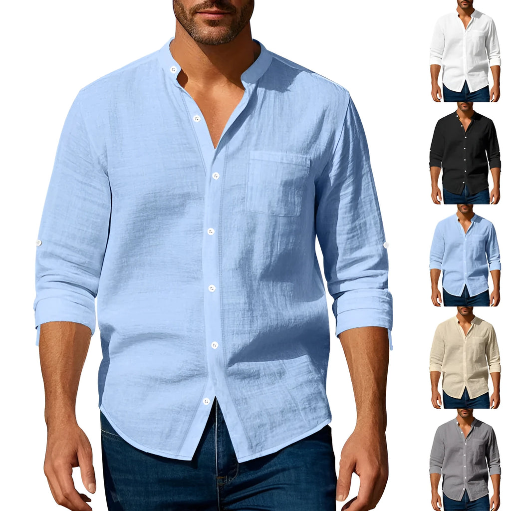 Men's linen long sleeve stand collar shirt with pockets, casual cardigan top in light blue, khaki, white, black or dark grey, sizes S to XXXL.