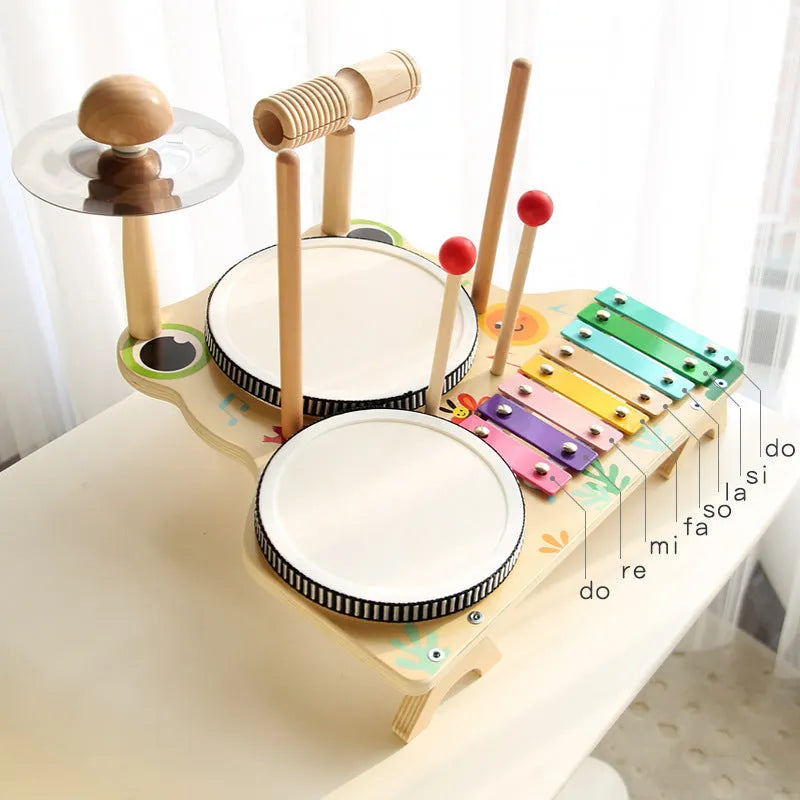 Wooden frog multi-functional drum kit early educational toy, 33 x 30 x 23cm, colour box, for children aged 3-6 years