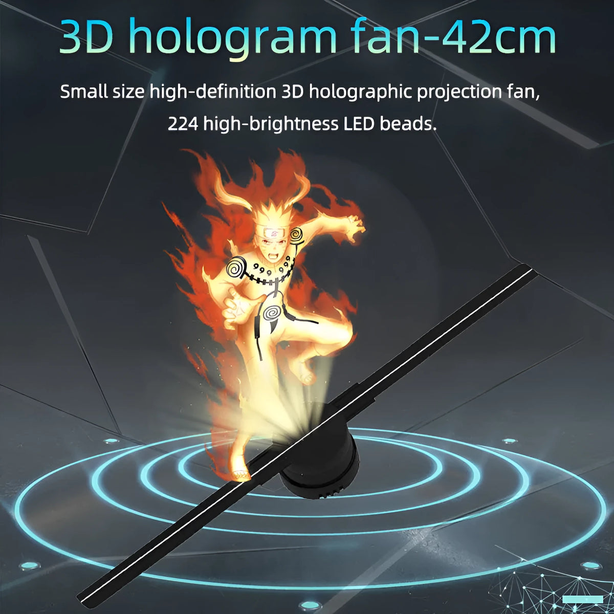 Holographic fan projector showing suspended aerial image with stereo rotating effect