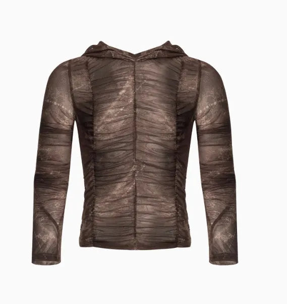 Boy wearing a lightweight ice silk printing pleating bottoming shirt in picture colour.
