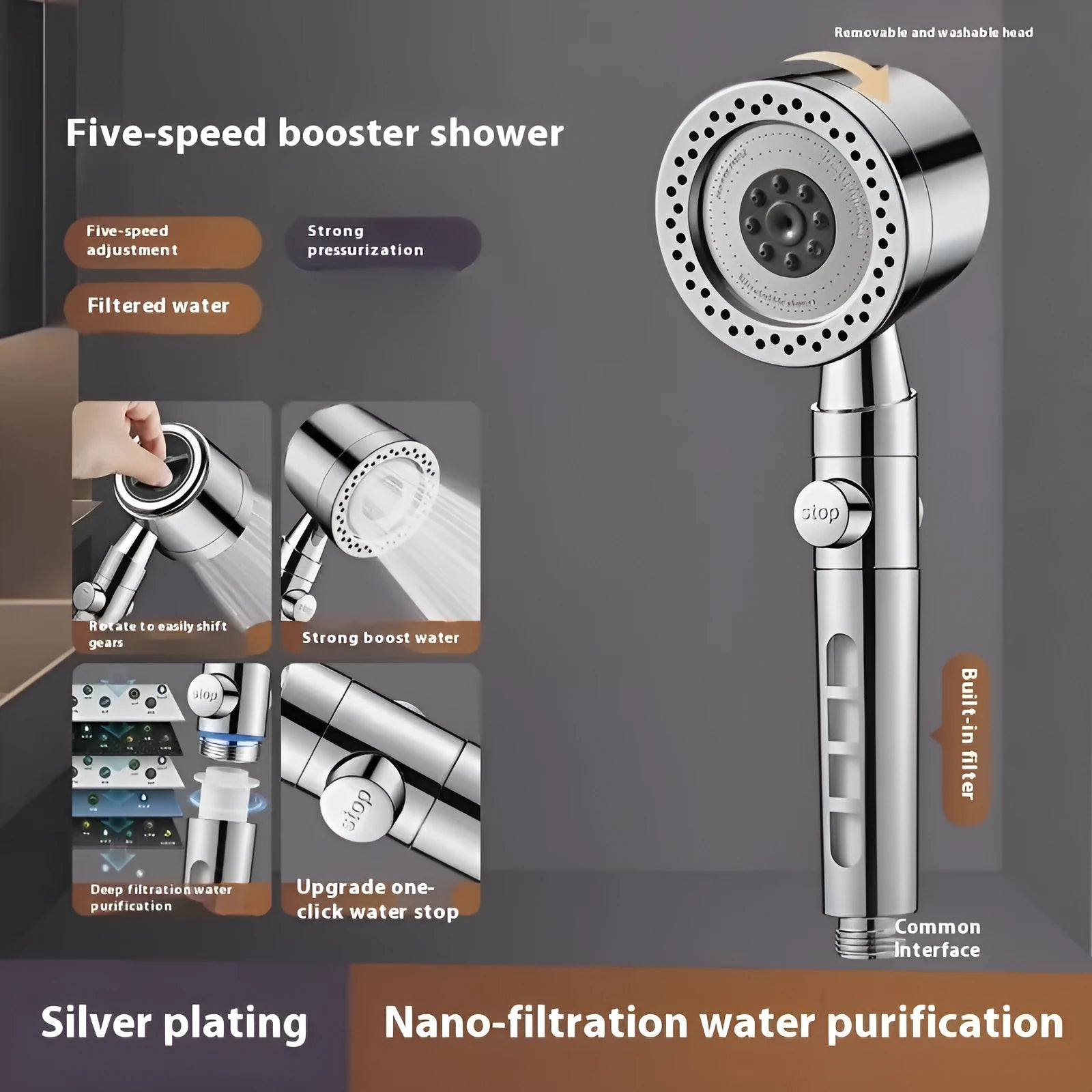 Silver chrome-plated portable shower head with filtering and pressurised spray functions