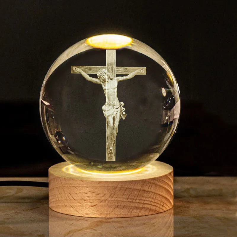 White crystal church ornament with etched purity theme on 6cm ball and warm LED light in wood base