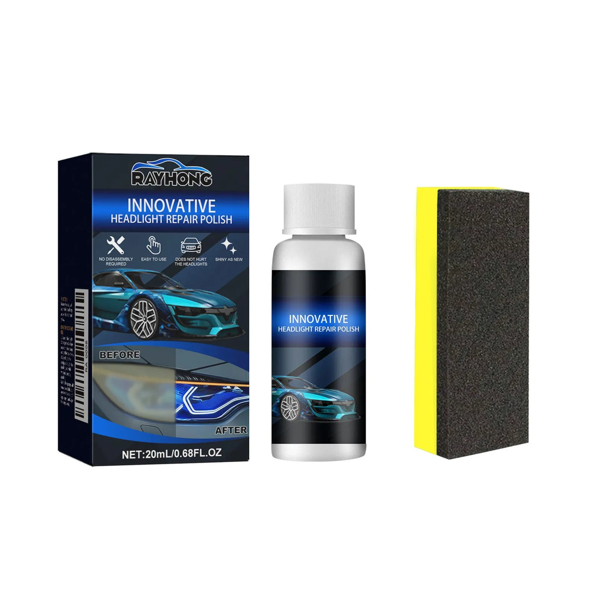 Car headlight renovation care solution kit with sponge applicator in 20ml 30ml 50ml sizes