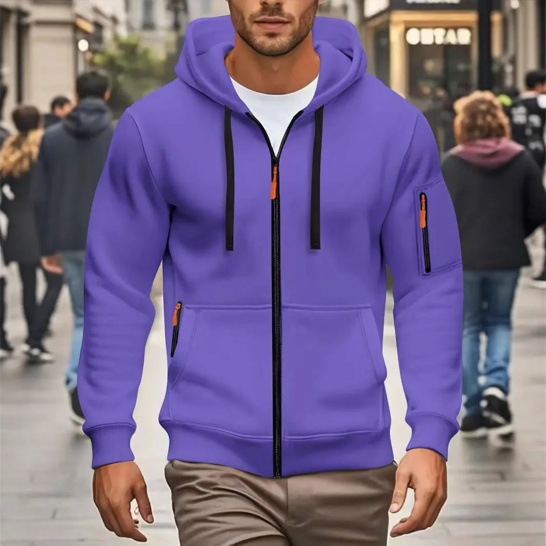 Men's hooded zip-up cardigan coat with a wool lining shown in army green colour.