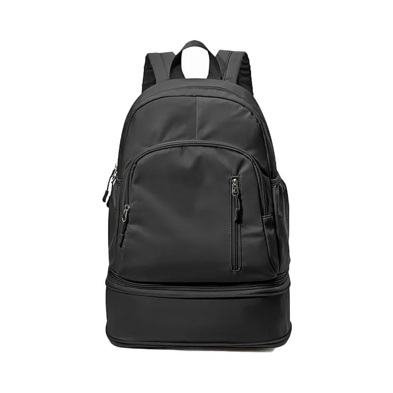 Women's casual backpack in black with curved adjustable shoulder straps showing stitching details