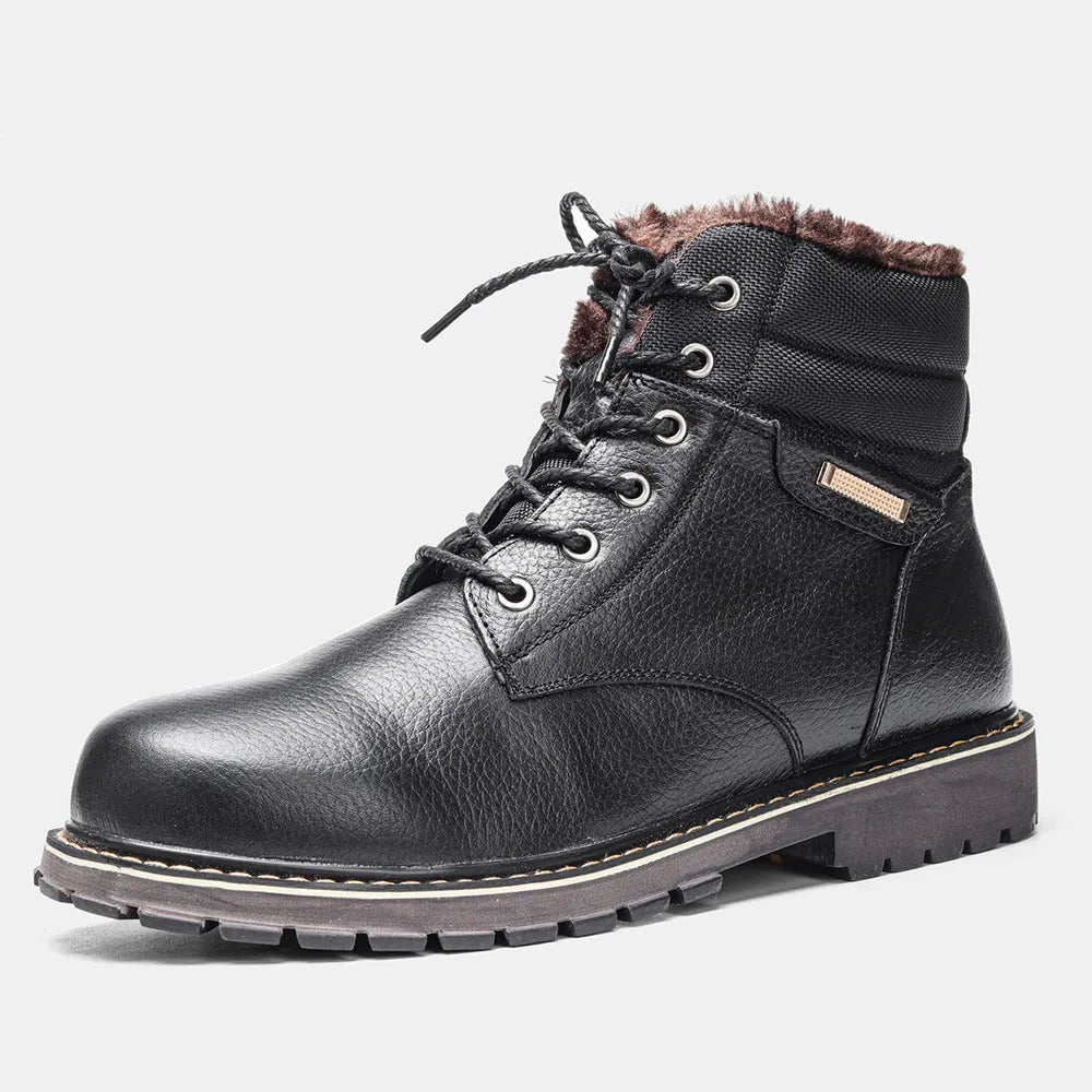Pair of black plus size men's cowhide leather snow boots with fleece lining, mid-calf height and rubber sole.