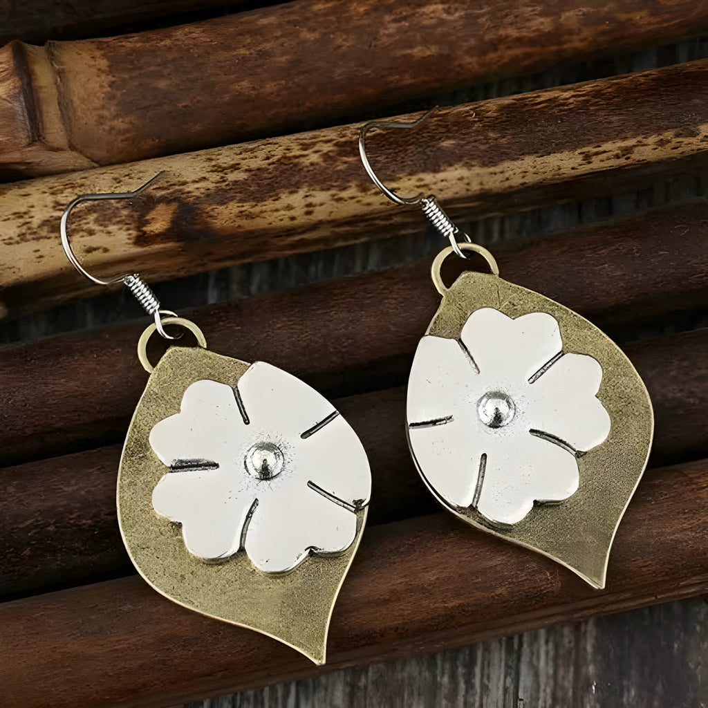 Gold electroplated alloy earrings with retro leaf, stitching and flower design, 5.3cm x 2.3cm, one pair