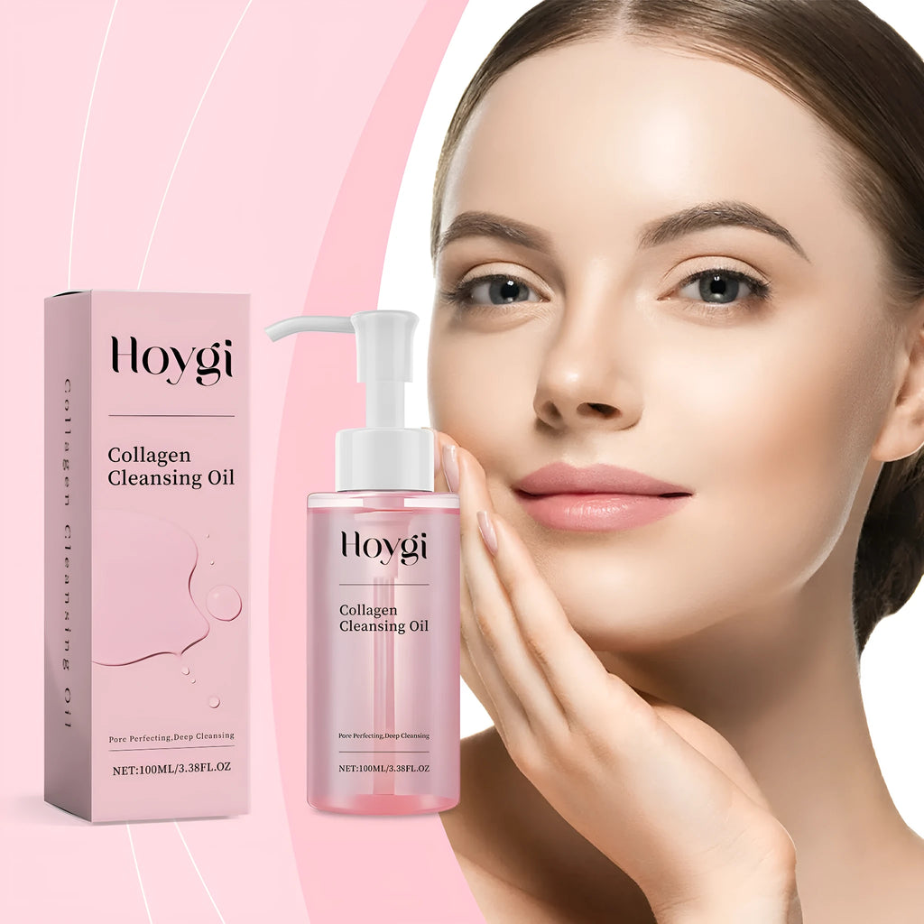 100 ml bottle of Collagen Cleansing Oil with jojoba and grape seed oils for gentle makeup removal.