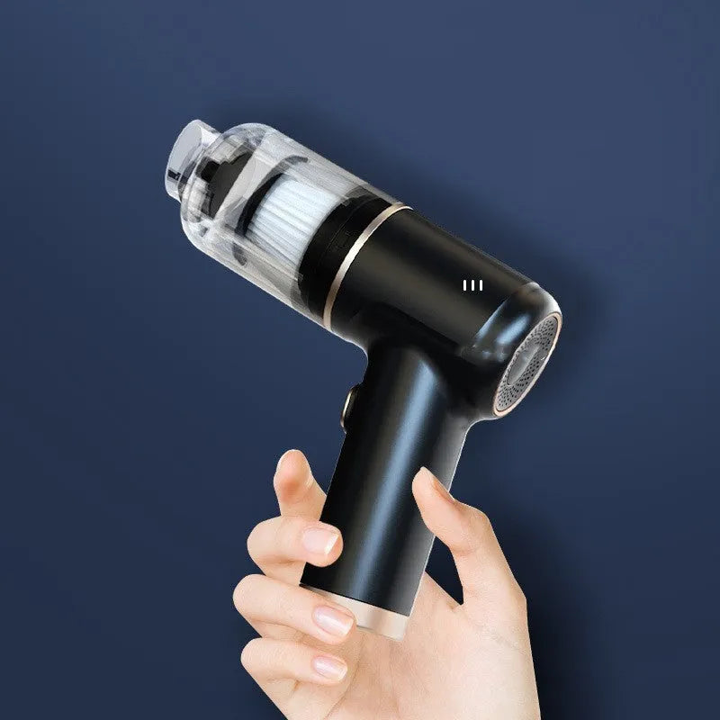 Black wireless handheld vacuum cleaner with attachments including nozzles and brushes on a white background.