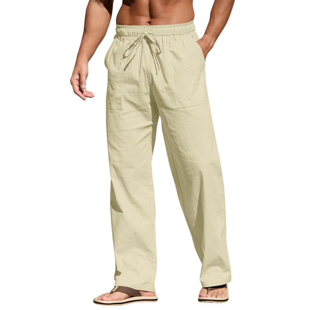 Men's straight-leg casual trousers in cotton and linen fabric with a drawstring elastic waistband, shown in a light colour.