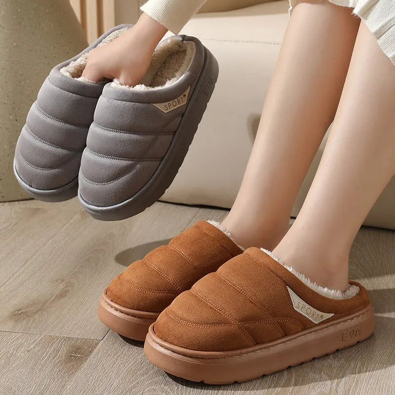 Plush indoor slippers with suede upper, EVA sole, and short plush lining in grey, khaki, coffee, or camel.