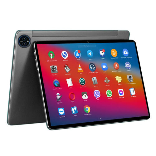 Bare metal blue 10-inch tablet with optional leather keyboard case shown on a desk.