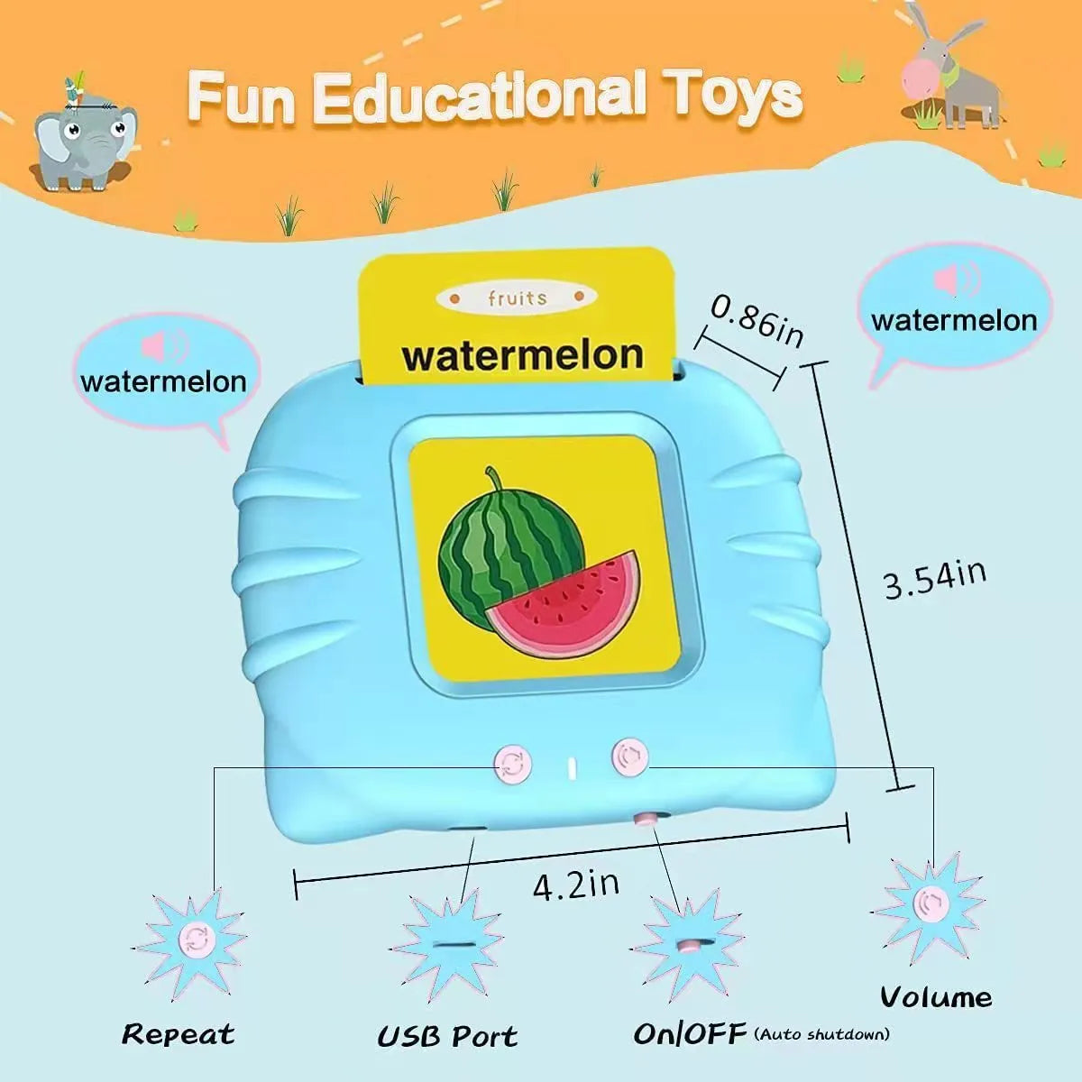 Blue children's learning machine with audiobook cards for English early education.