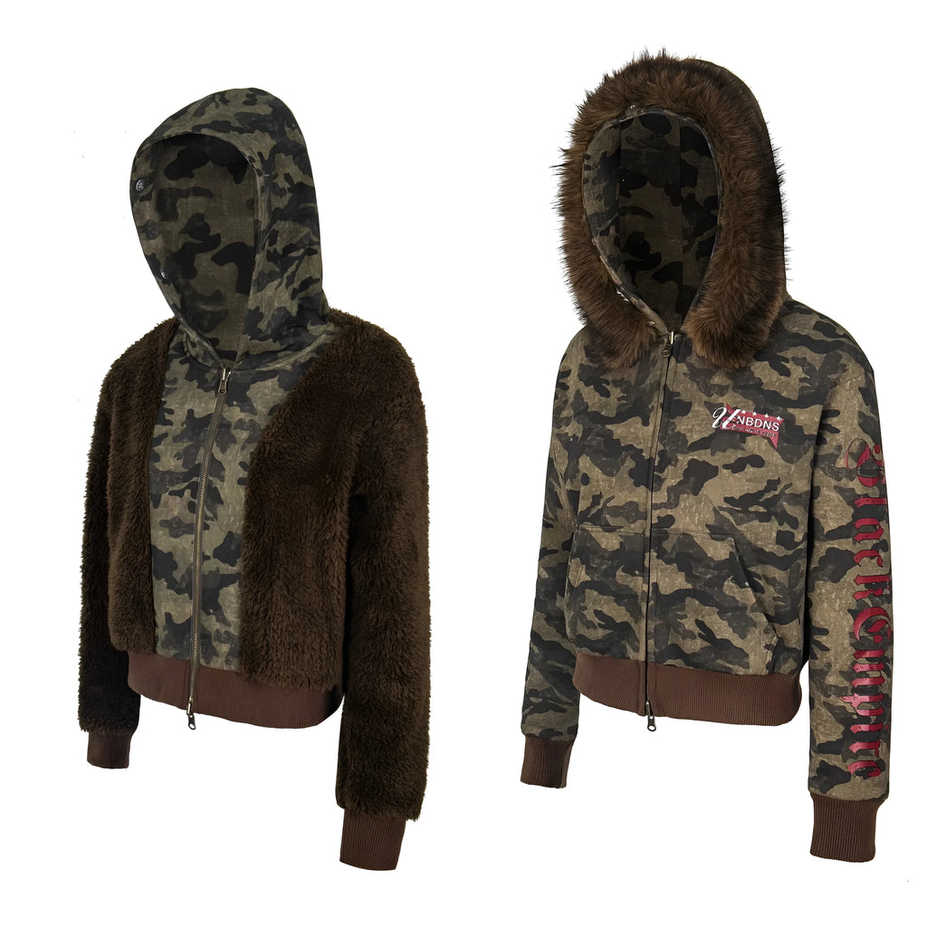 Women's camouflage reversible jacket with detachable fur hood, cotton fabric, regular fit and long sleeves