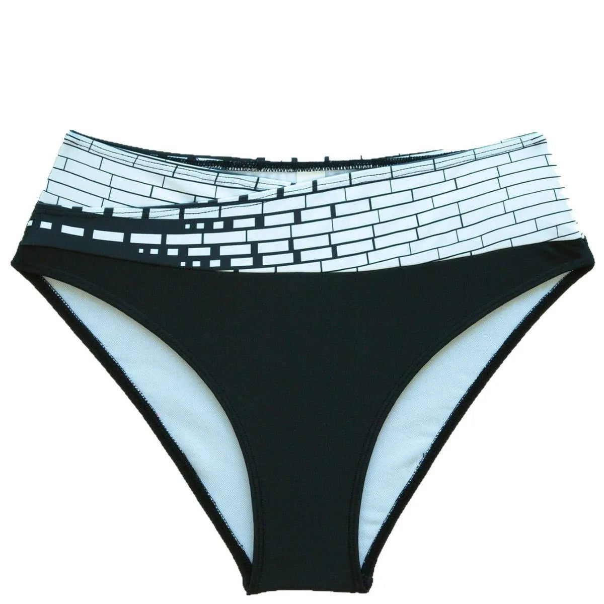 Women's two-piece swimsuit with halter high chest top, briefs-style bottoms, and matching shorts in contrast colour