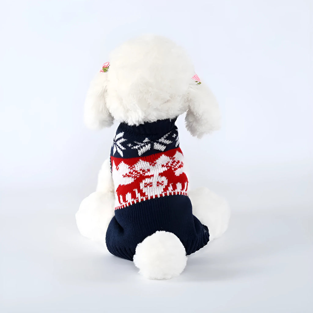 Navy blue knitted Christmas sweater for dogs with acrylic material and sizing from XS to L