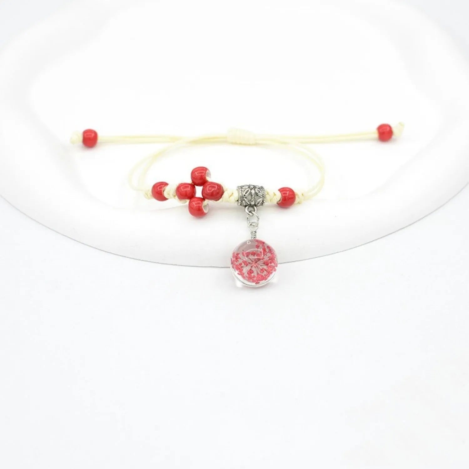 Glass dried flower bracelet with real preserved flowers and lace trim on large 1.4cm beads