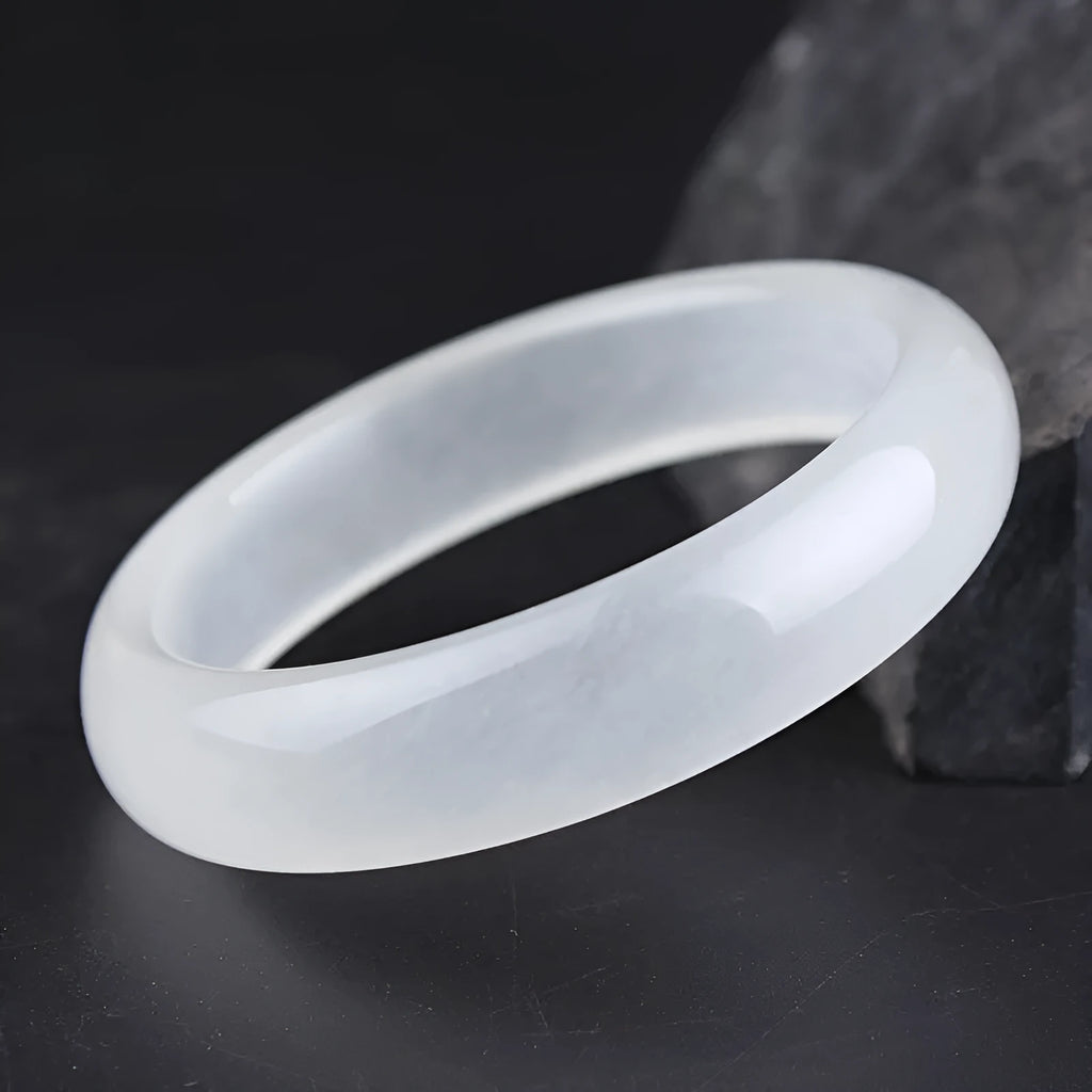Gao Bing Jade ice-like white moonlight bracelet in flat rod and round rod styles on a neutral background.