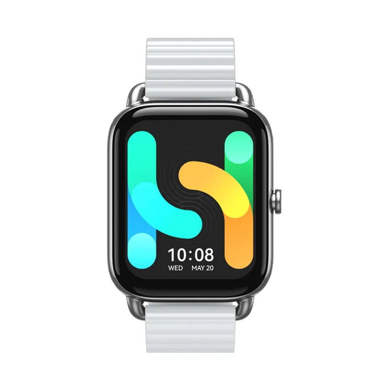 HAYLOU RS4 Plus smartwatch in black with AMOLED display showing fitness stats
