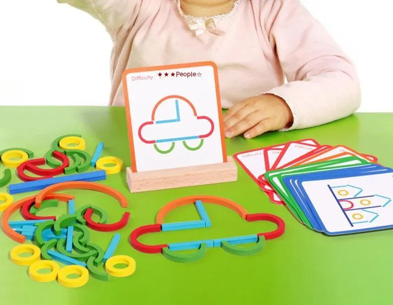 Wooden children's logical thinking puzzle board with stick and ring design, 23 x 16.8 x 3.5 cm, in colour box