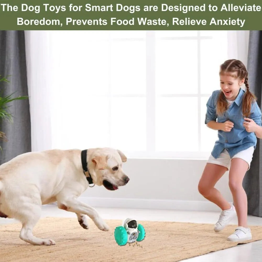 Self-balancing tumbler puzzle toy for small dogs with robot appearance and slow feeder design