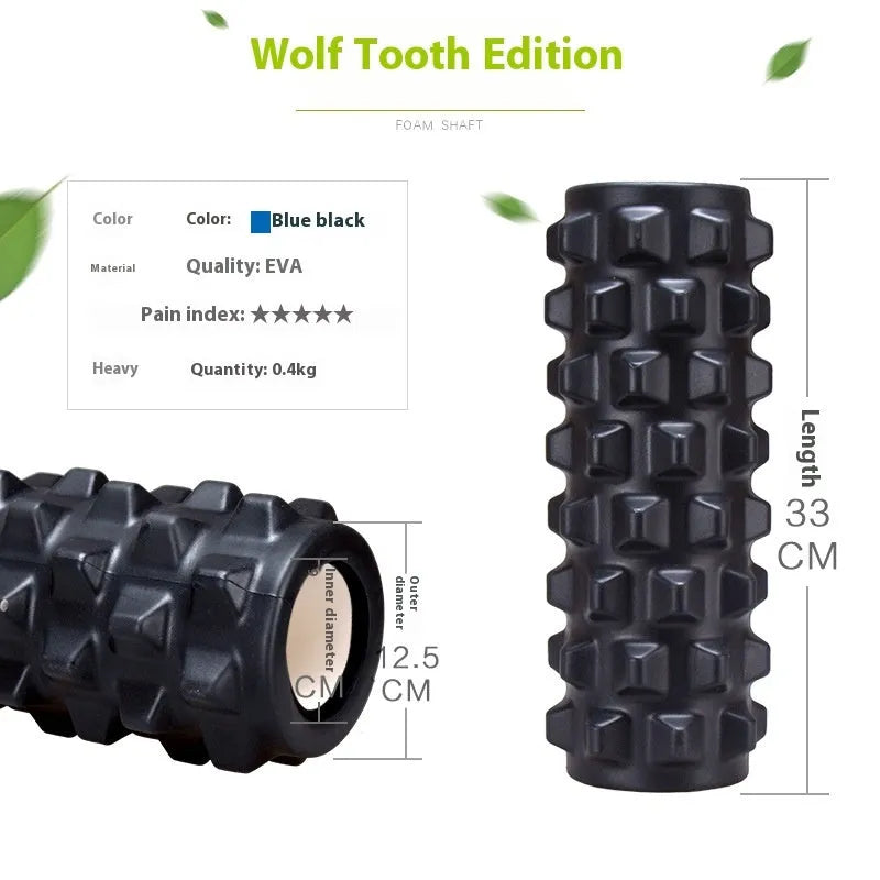 Black 33cm long foam roller massage stick with gear bar design on a grey background.