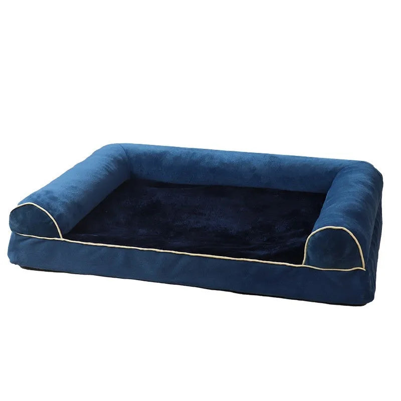 A square breathable sponge dog bed in a crate, available in blue, grey, and beige colours.