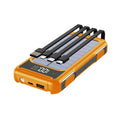 Military grade portable power bank in black, green, or orange colour showing size comparison and dual USB output ports.