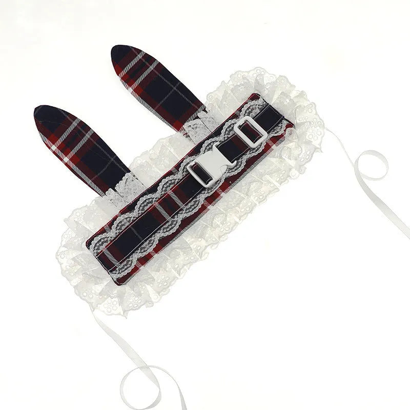 Cloth plaid hair band with release buckle featuring Lingge cat print in gray, medium size
