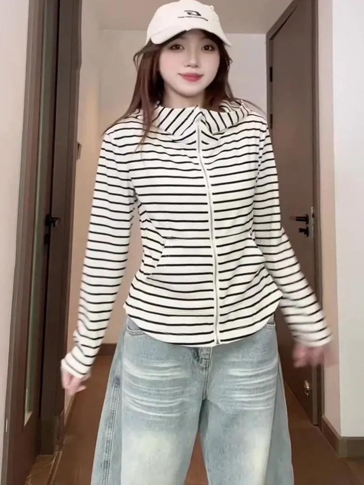Women's striped hoodie coat with drawstring style and regular sleeve
