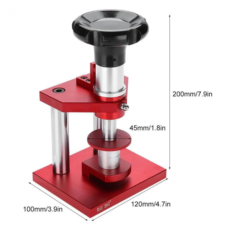Watch repair spiral presser tool with a set of 20 coloured plastic moulds for watch back covers.