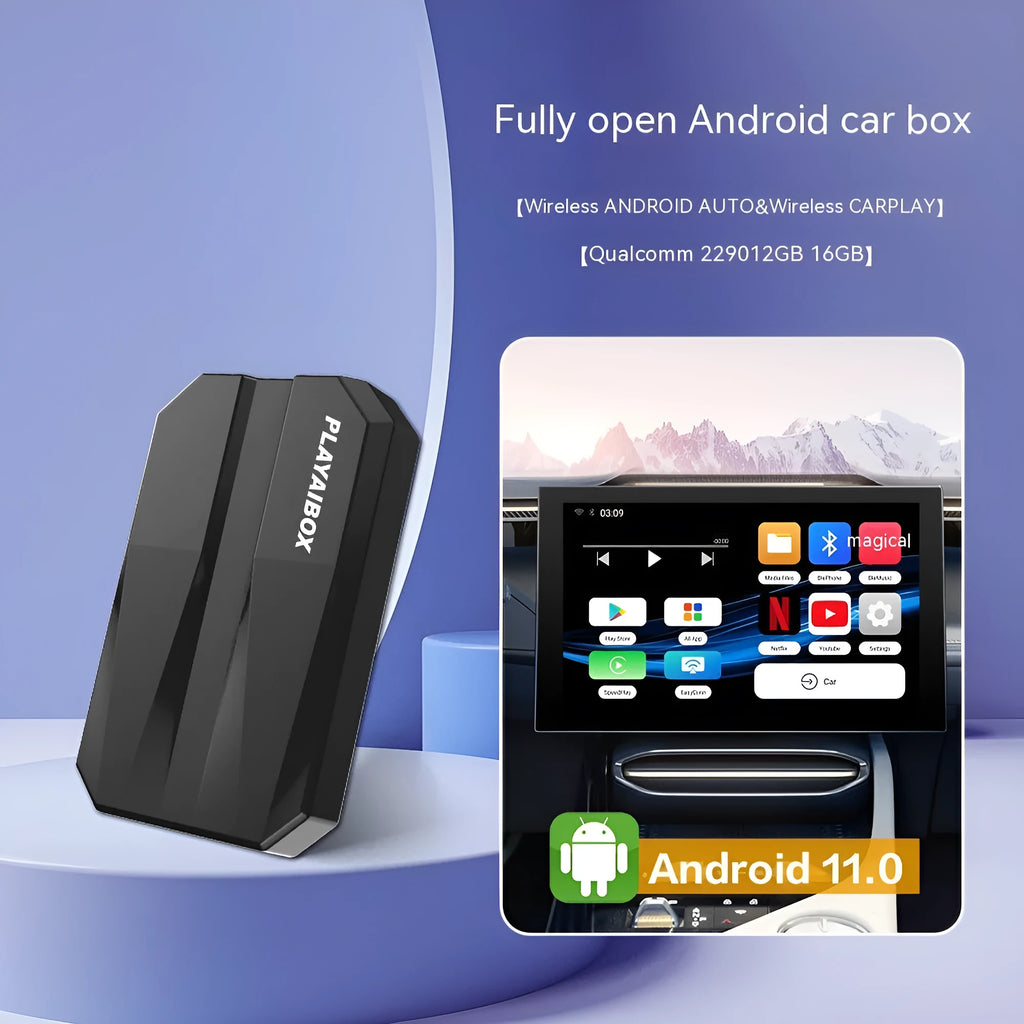 CarPlay wired to wireless AI box converter with ABS plastic housing measuring 110x80x35mm