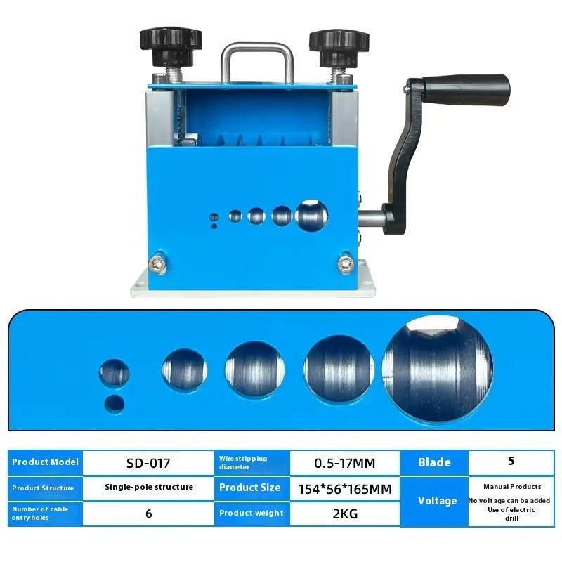 SD-017 manual wire stripping machine on a workbench, showing adjustable blades for 0.5-17mm wires.