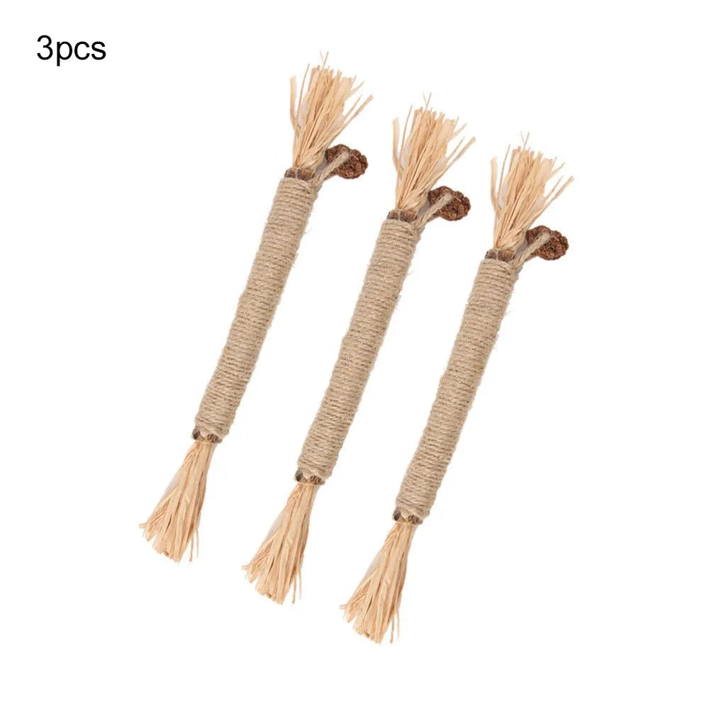 Three natural silvervine cat chew sticks with sisal rope and raffia for dental care and teeth cleaning