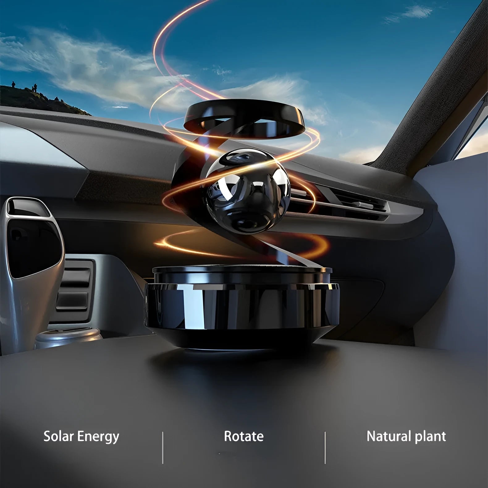 Solar-powered car air freshener decoration unit on a car dashboard