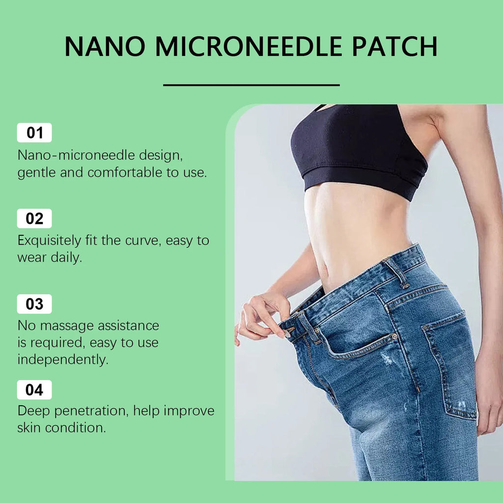 Four nano microneedle slimming patches on a PE sticker backing with ginger and mugwort root formula.