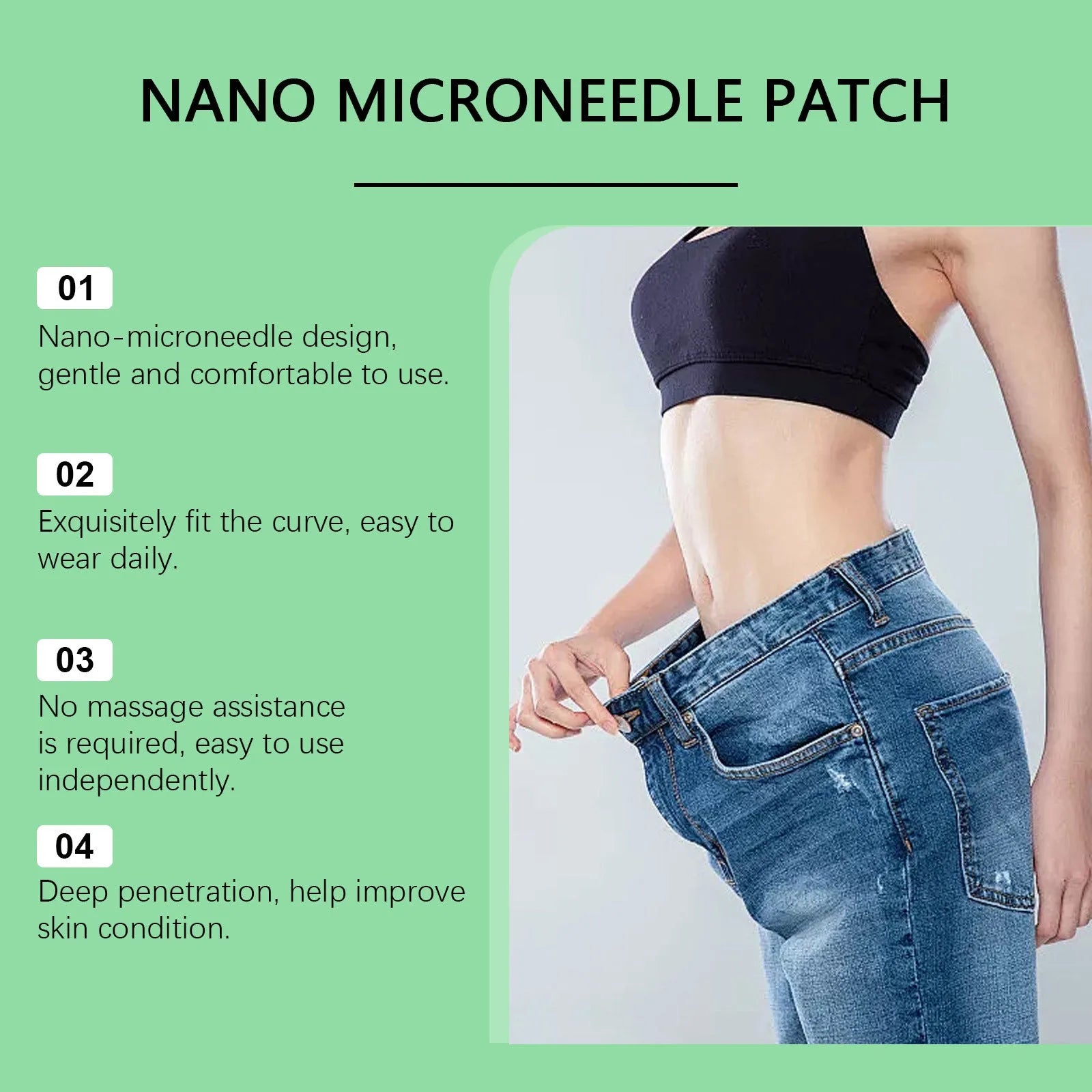 Four nano microneedle slimming patches on a PE sticker backing with ginger and mugwort root formula.