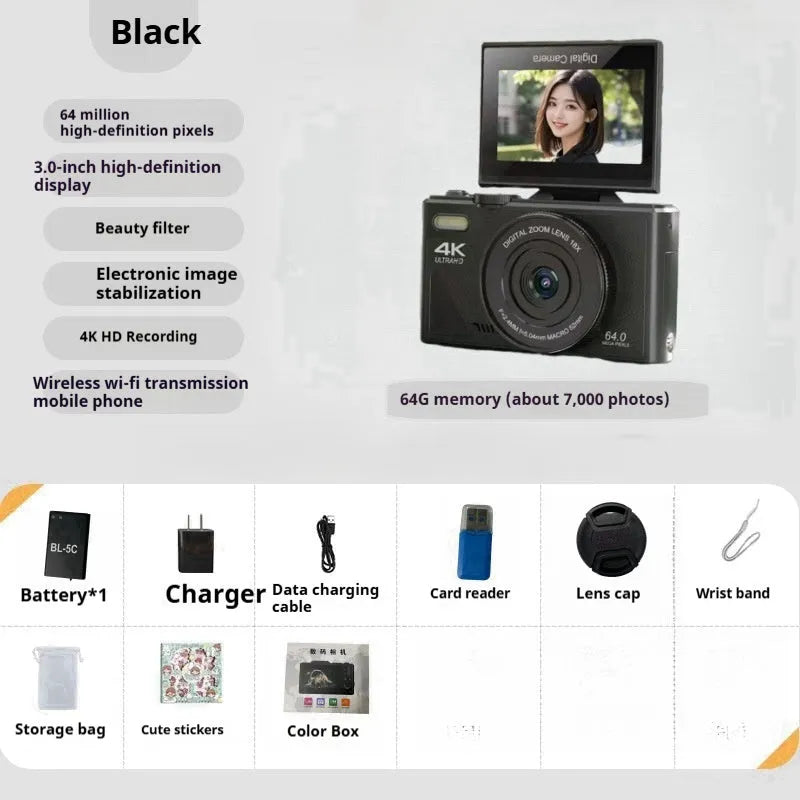 64 million HD mirrorless CCD camera with ABS body, black, front view showing lens and full HD screen