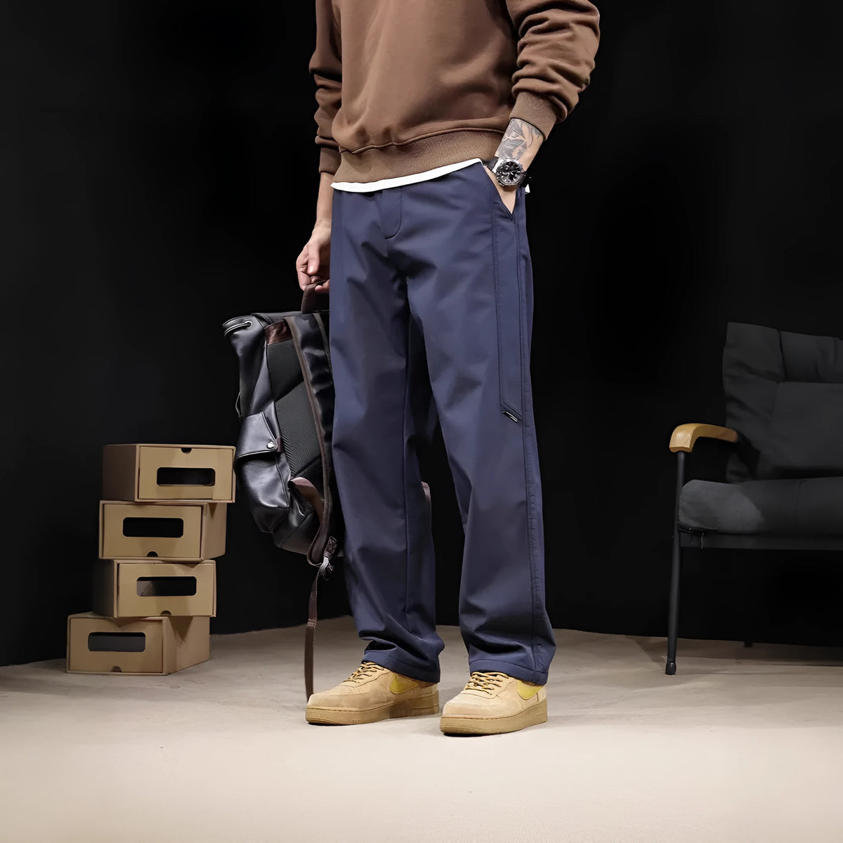 Japanese retro wide-leg pants, high waist drawstring, solid colour black, for men