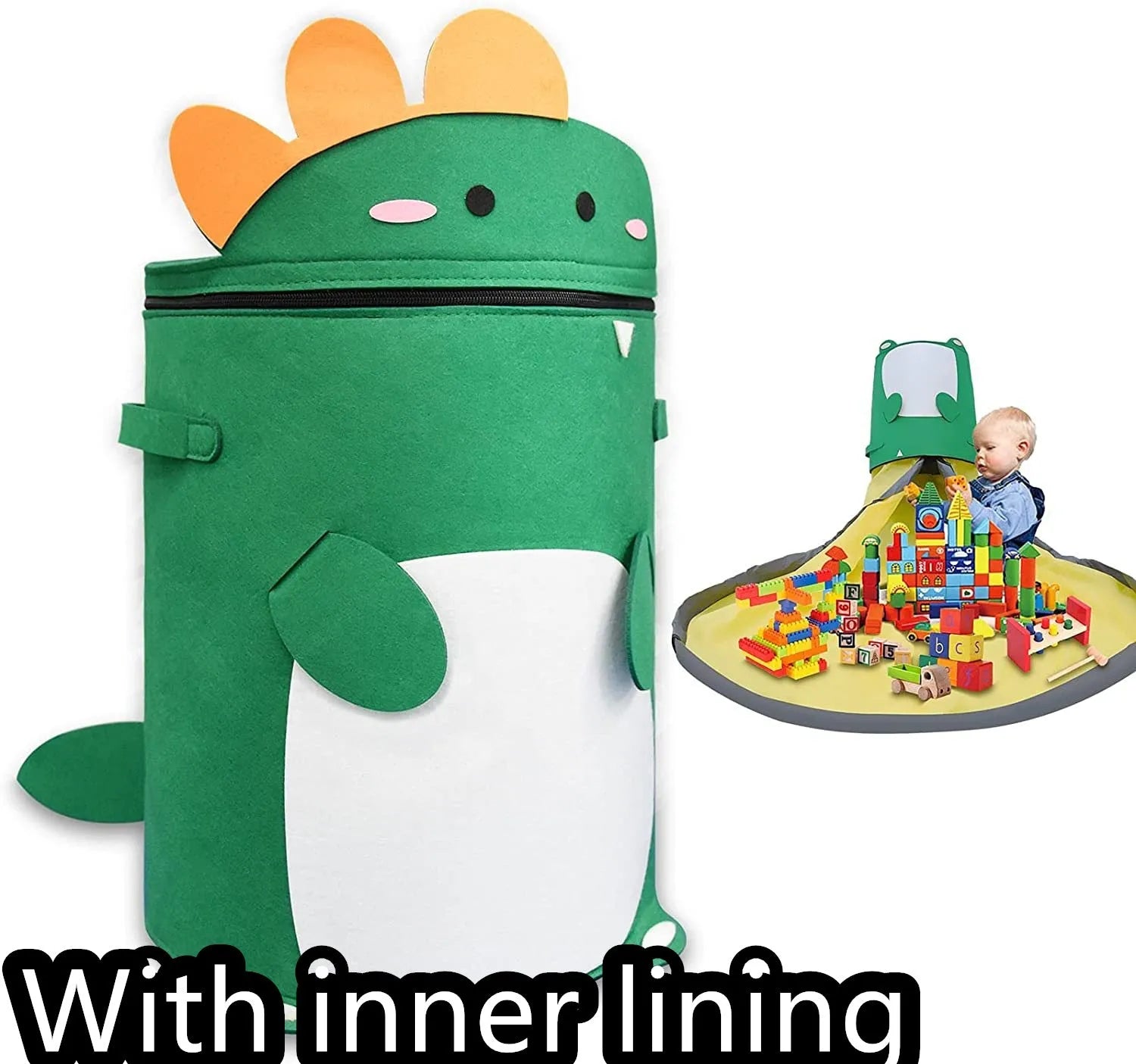 Green felt cube storage bag with pull rope, shown both as a flat play mat and gathered toy bag