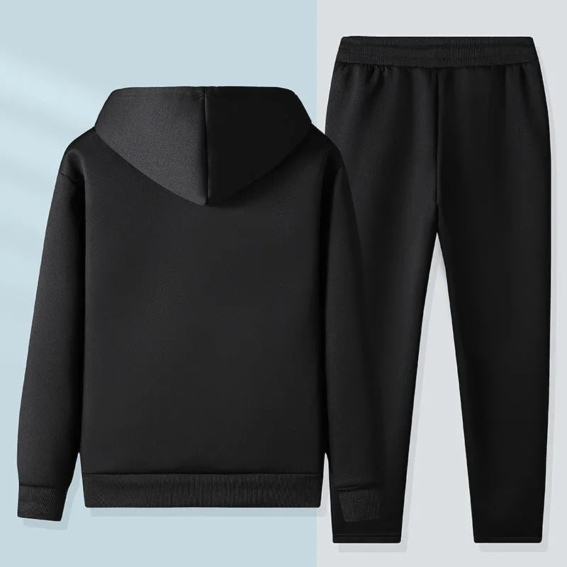 Men's autumn winter hooded jacket and trousers set in gray with wool lining, polyester fabric, sizes M to 5XL