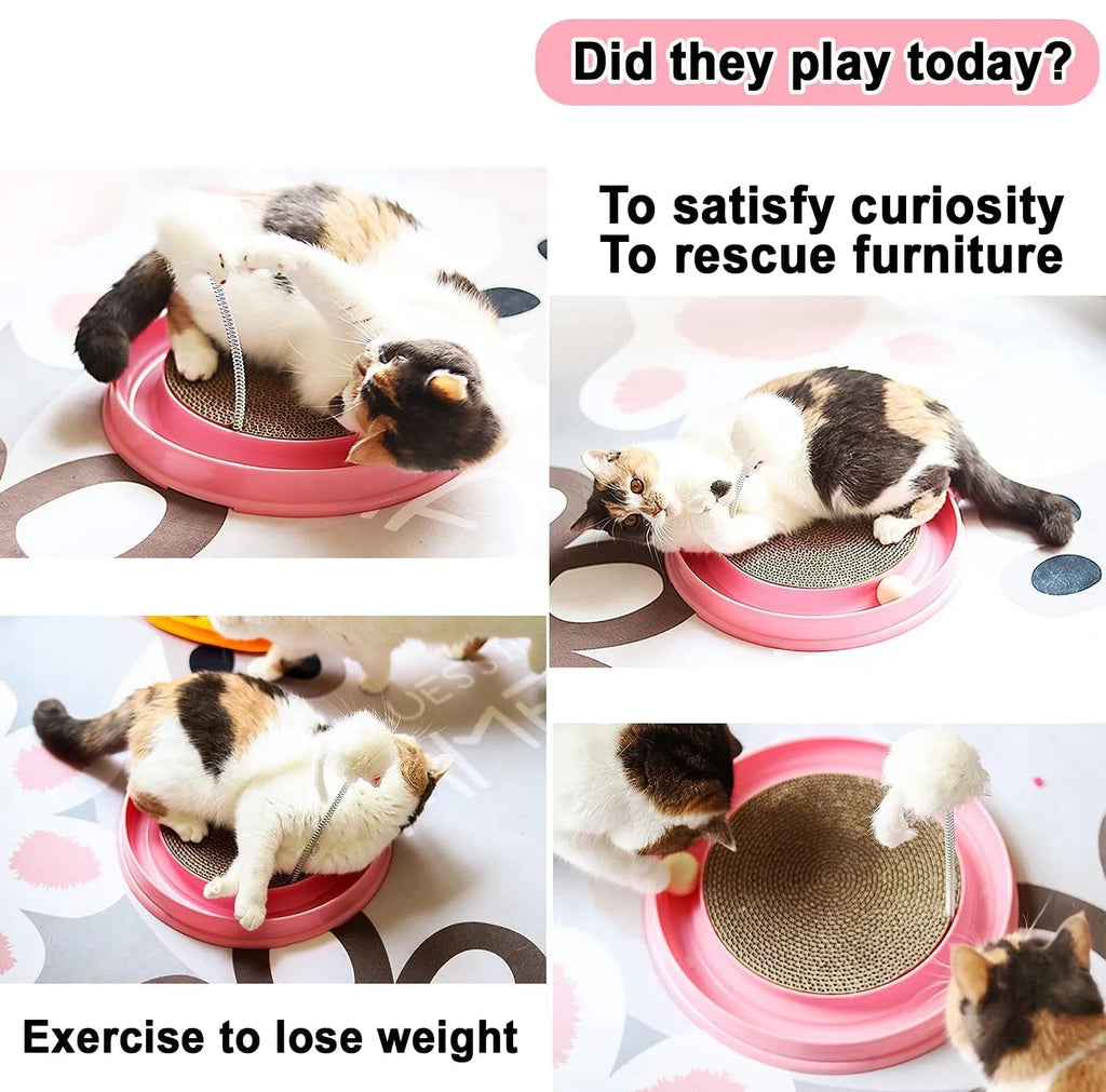 Blue interactive cat scratcher toy with central scratch pad, circular ball track, and a mouse swatter accessory.