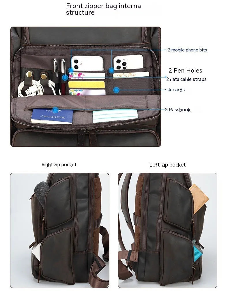 Dark brown retro crazy horse leather men's backpack showing external pockets and internal organiser for a 17-inch laptop.