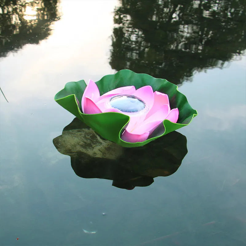 Outdoor waterproof solar lotus lamp floating on pond water with colourful LED light