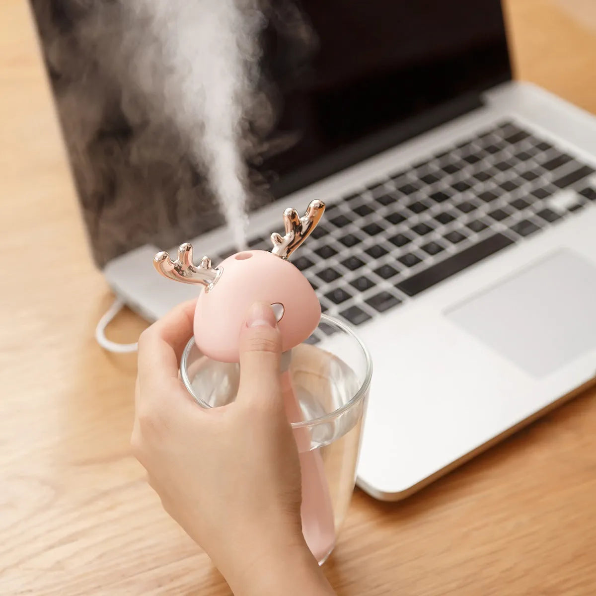 Mini USB ultrasonic humidifier, columnar deer antler design, 84x47x233mm, 1 litre tank, Fawn White