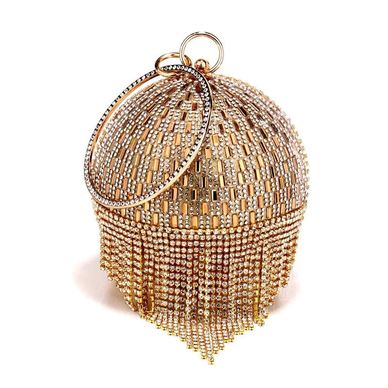 Shining rhinestone round tassel dinner bag in silver with three-dimensional outer pocket