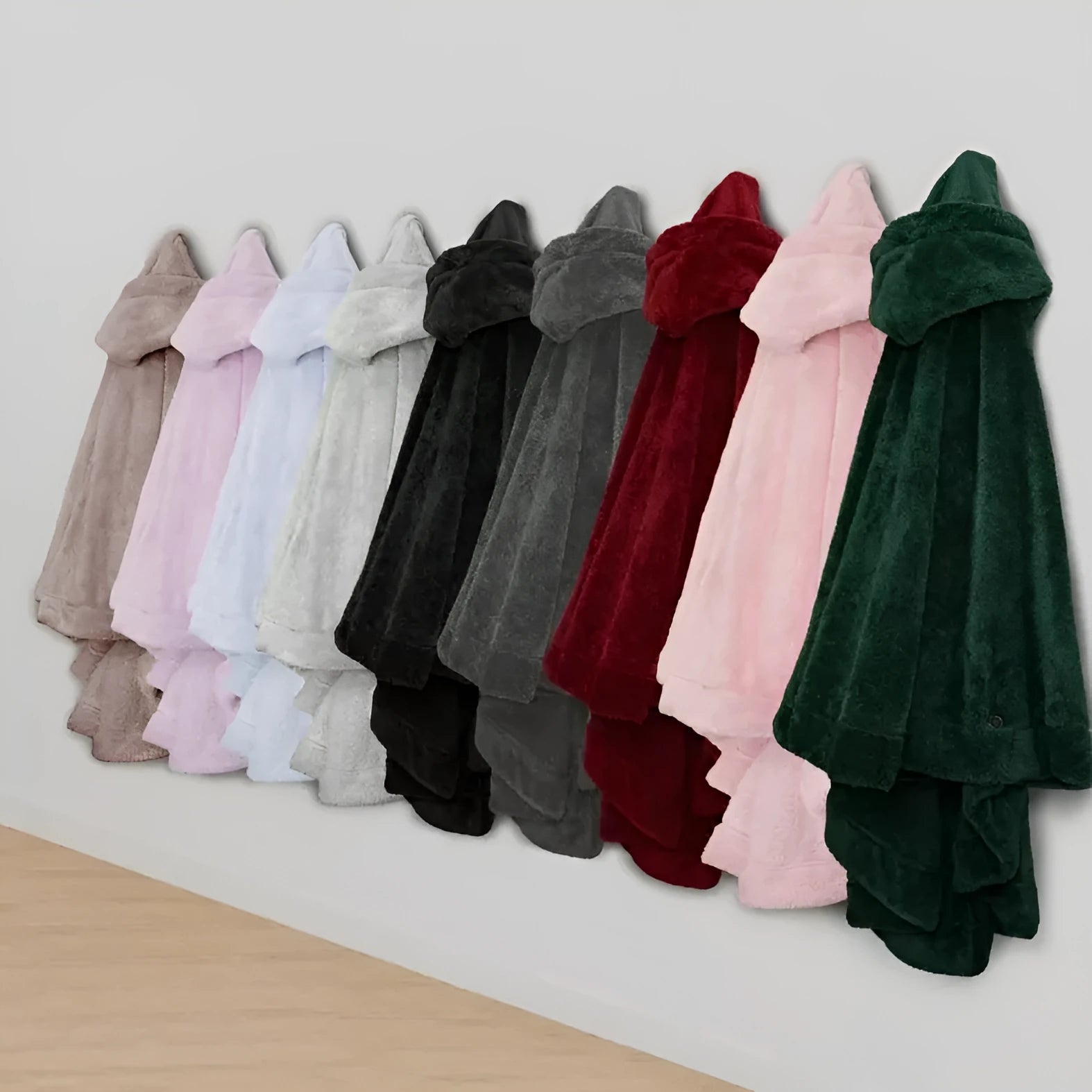 Thick hooded polyester bathrobe in black, shown in a long sleeve cardigan style.