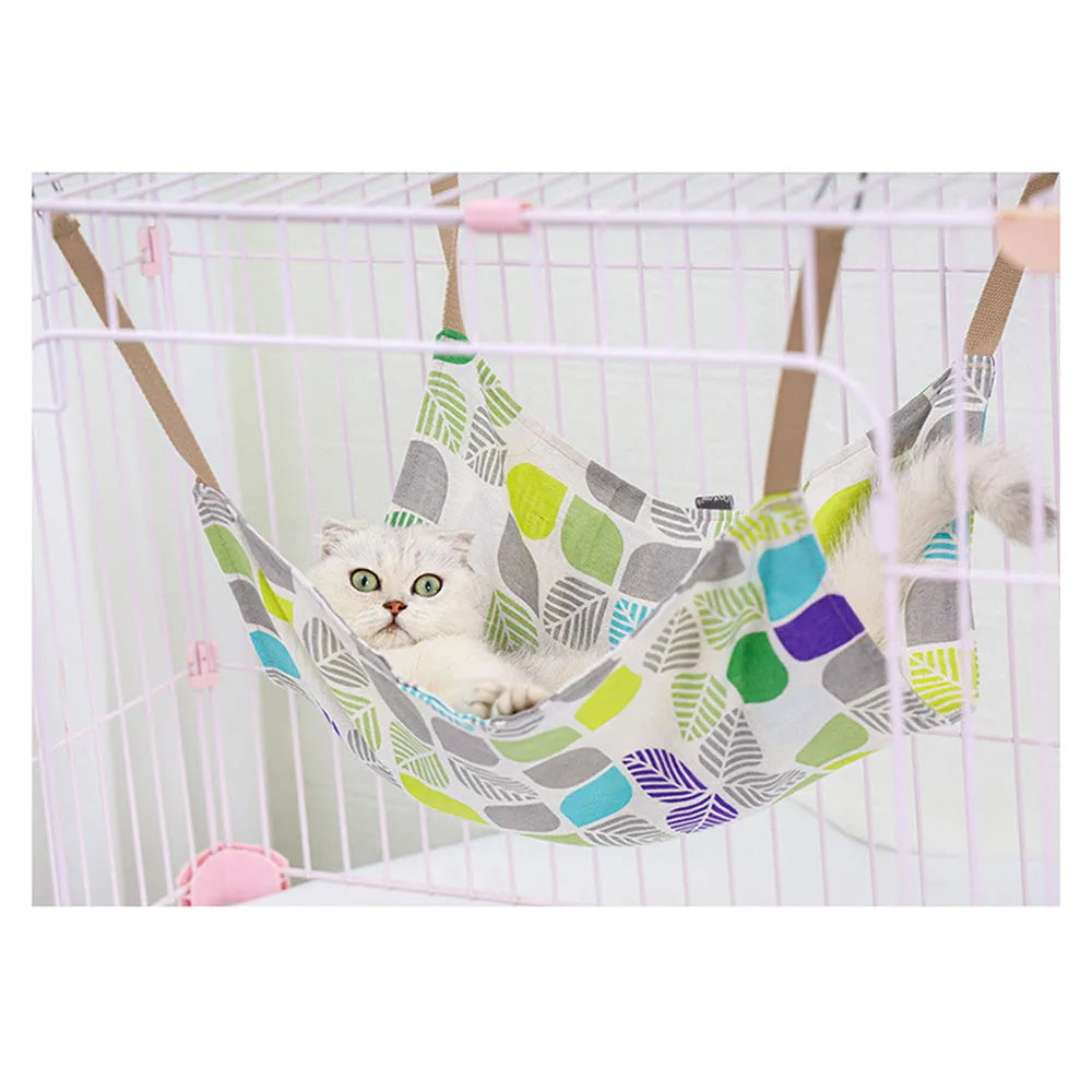 Cotton linen cat hammock bed measuring 47x47cm with hanging hook in multicolour design