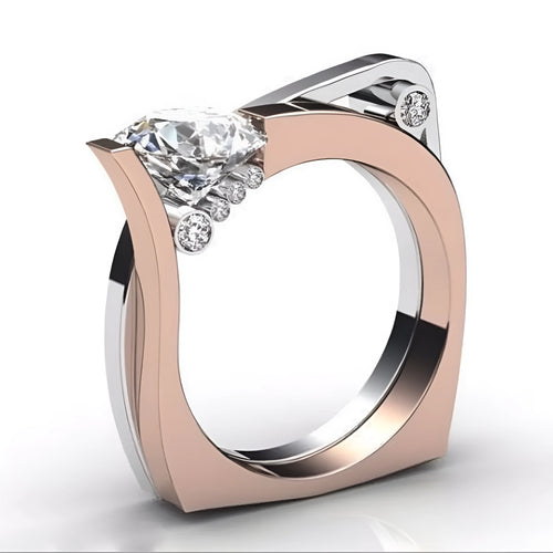 Electroplated rose gold couple rings with cubic zirconia stones in geometric design